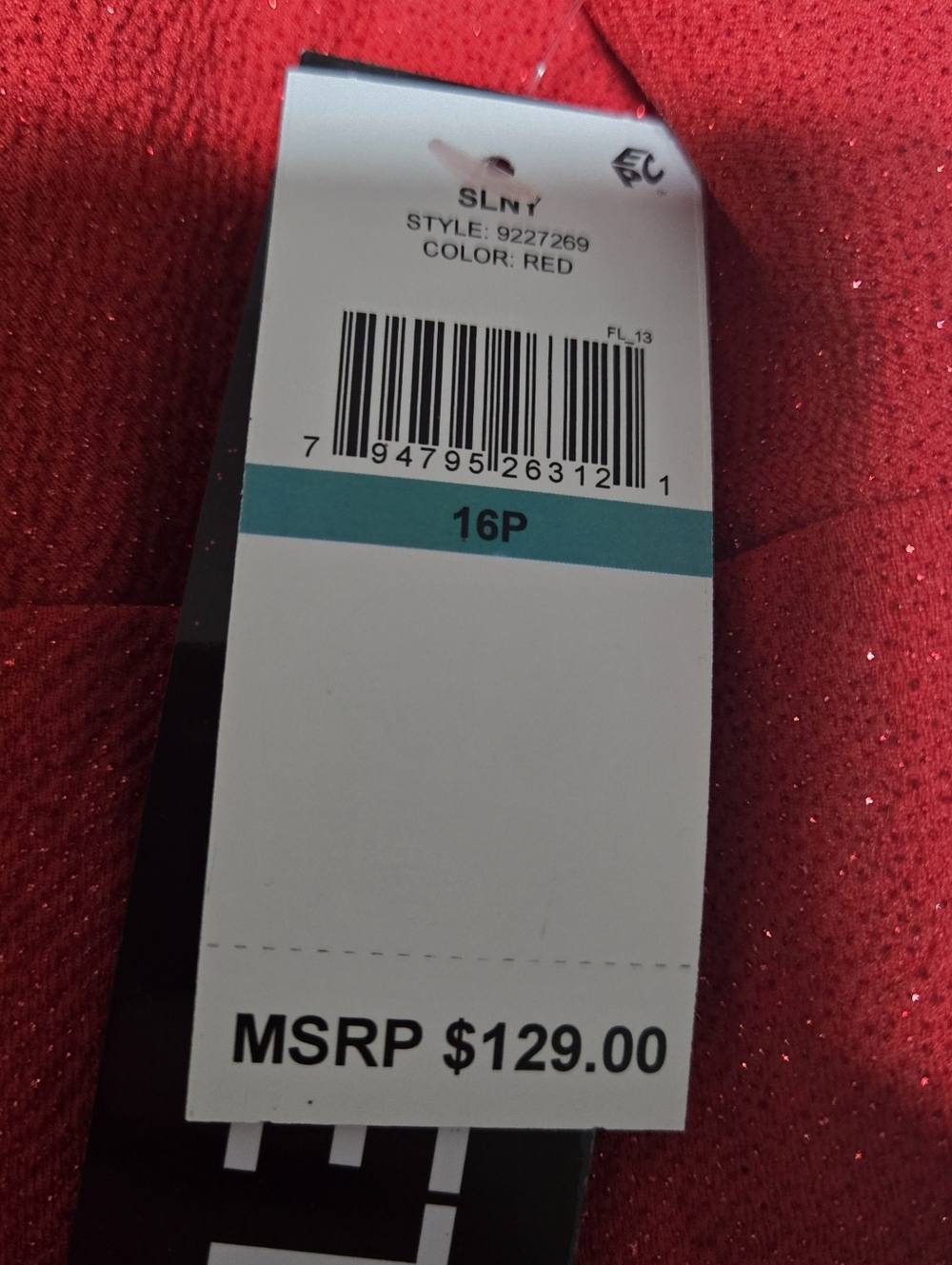 SLNY Size 16P Sparkling Red Formal Empire Waist Dress, Rhinestone Pin NWT - Picture 3 of 11